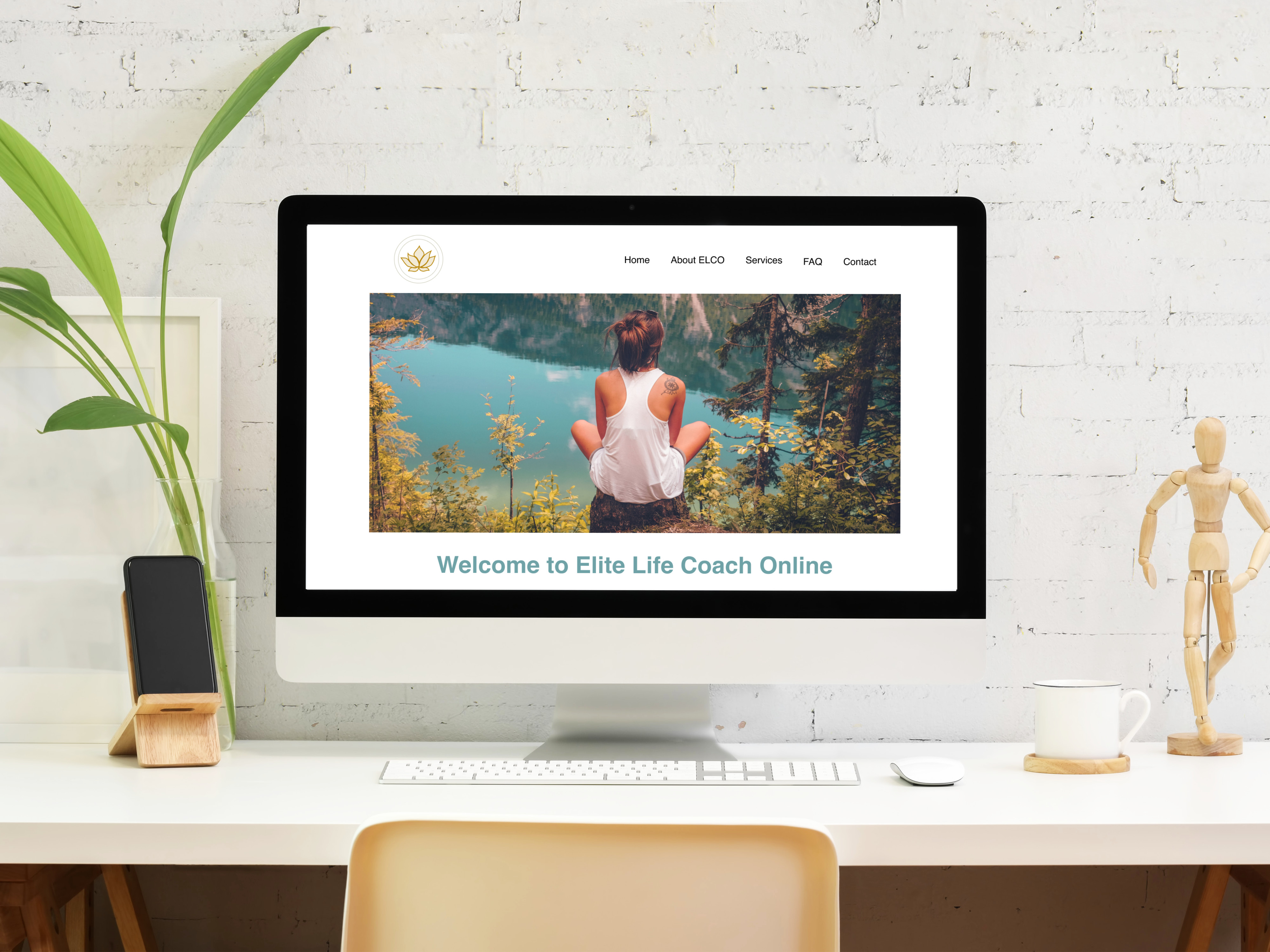 office scene with website homescreen